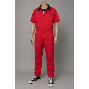 4Hunnid Kut & Sew Mens Red Short Sleeve Jumpsuit Coverall Bulldog Beware Size M